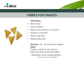 FIBRES FOR SNACKS
Advantages:
• More Crisps
• Low Oil pickup
• Dietary Fibre content is increased
• Volume is increased
• Yield is improved
• Reduce bake time
Quantity : 1% - 3% of Dry Flour Weight
Apply :
If water is added in the process:-
Add in Dry Flour & Mix thoroughly
+ Add Water as per Dough Elasticity
(Generally 4 times of Fibre Weight)
 