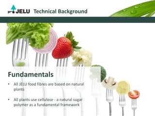 Fundamentals
• All JELU food fibres are based on natural
plants
• All plants use cellulose - a natural sugar
polymer as a fundamental framework
Technical Background
 