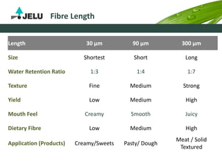 Fibre Length
Length 30 µm 90 µm 300 µm
Size Shortest Short Long
Water Retention Ratio 1:3 1:4 1:7
Texture Fine Medium Strong
Yield Low Medium High
Mouth Feel Creamy Smooth Juicy
Dietary Fibre Low Medium High
Application (Products) Creamy/Sweets Pasty/ Dough
Meat / Solid
Textured
 