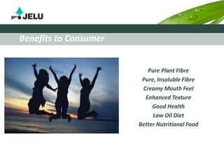 Pure Plant Fibre
Pure, Insoluble Fibre
Creamy Mouth Feel
Enhanced Texture
Good Health
Low Oil Diet
Better Nutritional Food
Benefits to Consumer
 