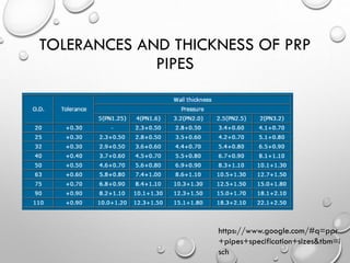 TOLERANCES AND THICKNESS OF PRP
PIPES
https://www.google.com/#q=ppr
+pipes+specification+sizes&tbm=i
sch
 
