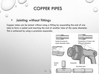 COPPER PIPES
• Jointing without fittings
Copper tubes can be joined without using a fitting by expanding the end of one
tube to form a socket and inserting the end of another tube of the same diameter.
This is achieved by using a precision expander.
Socket forming for
equal diameter tubes
Connections of tubes with
different diameters
ExpanderSocket
joint
Branched joint
 