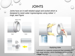 JOINTS
Joints have an in-wall rebated spigot and socket which is
designed to resist water ingress/egress using rubber ‘v’
rings, see Figure
Applying lube
Rubber V-Ring
Spigot Socket
V-Ring
faces the
socket
Gasket
Goove
Lubricant is a special compound that consists of a
soft soap solution, which facilitates jointing of the
rubber ring joint.
 