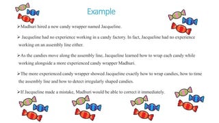 Example
Madhuri hired a new candy wrapper named Jacqueline.
 Jacqueline had no experience working in a candy factory. In fact, Jacqueline had no experience
working on an assembly line either.
As the candies move along the assembly line, Jacqueline learned how to wrap each candy while
working alongside a more experienced candy wrapper Madhuri.
The more experienced candy wrapper showed Jacqueline exactly how to wrap candies, how to time
the assembly line and how to detect irregularly shaped candies.
If Jacqueline made a mistake, Madhuri would be able to correct it immediately.
 