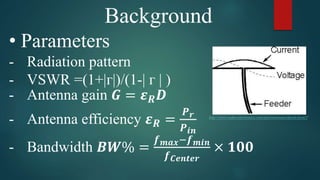 Background
• Parameters
- Radiation pattern
- VSWR =(1+|ᴦ|)/(1-| ᴦ | )
- Antenna gain 𝑮 = 𝜺 𝑹 𝑫
- Antenna efficiency 𝜺 𝑹 =
𝑷 𝒓
𝑷 𝒊𝒏
- Bandwidth 𝑩𝑾% =
𝒇 𝒎𝒂𝒙−𝒇 𝒎𝒊𝒏
𝒇 𝑪𝒆𝒏𝒕𝒆𝒓
× 𝟏𝟎𝟎
http://www.radio-electronics.com/info/antennas/dipole/feed//
 