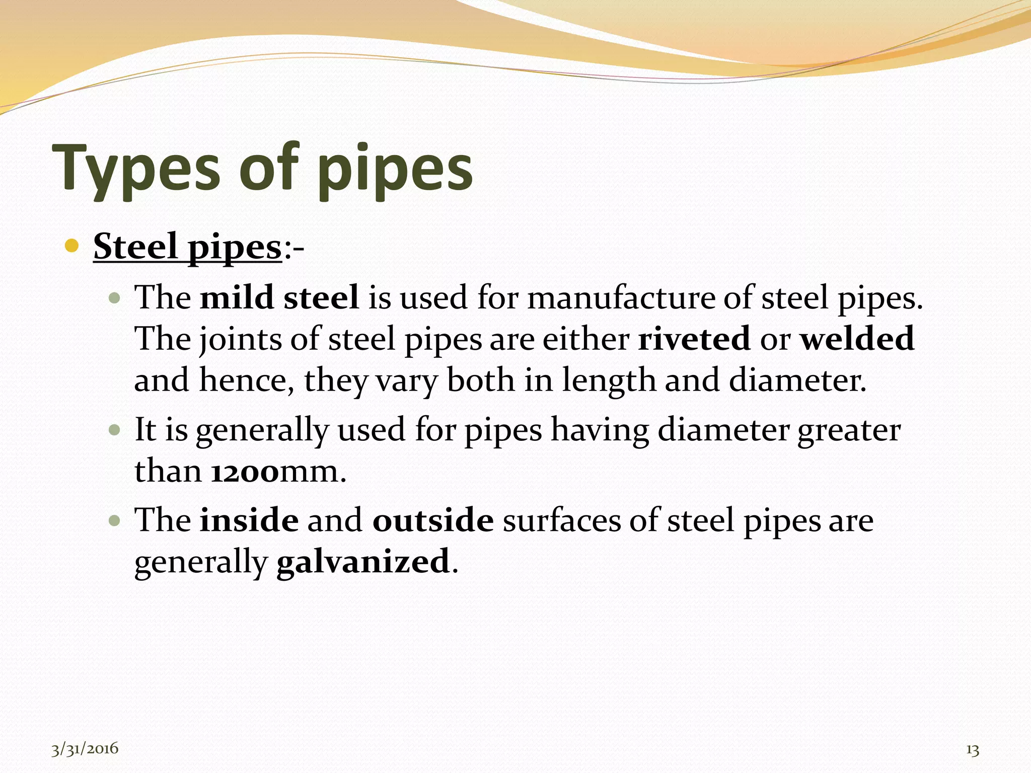 Types of pipes used in water supply | PPTX