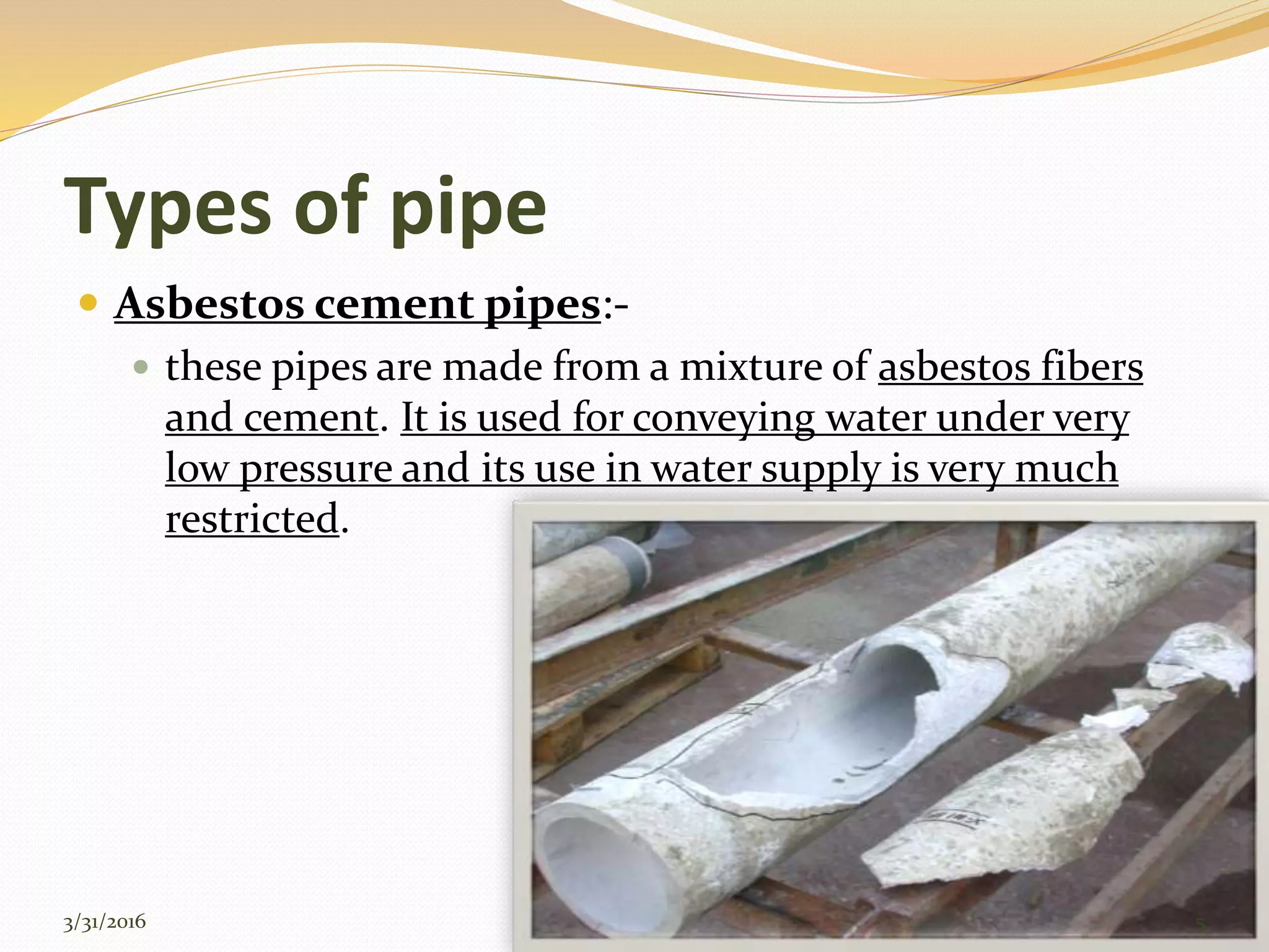 Types of pipes used in water supply | PPTX
