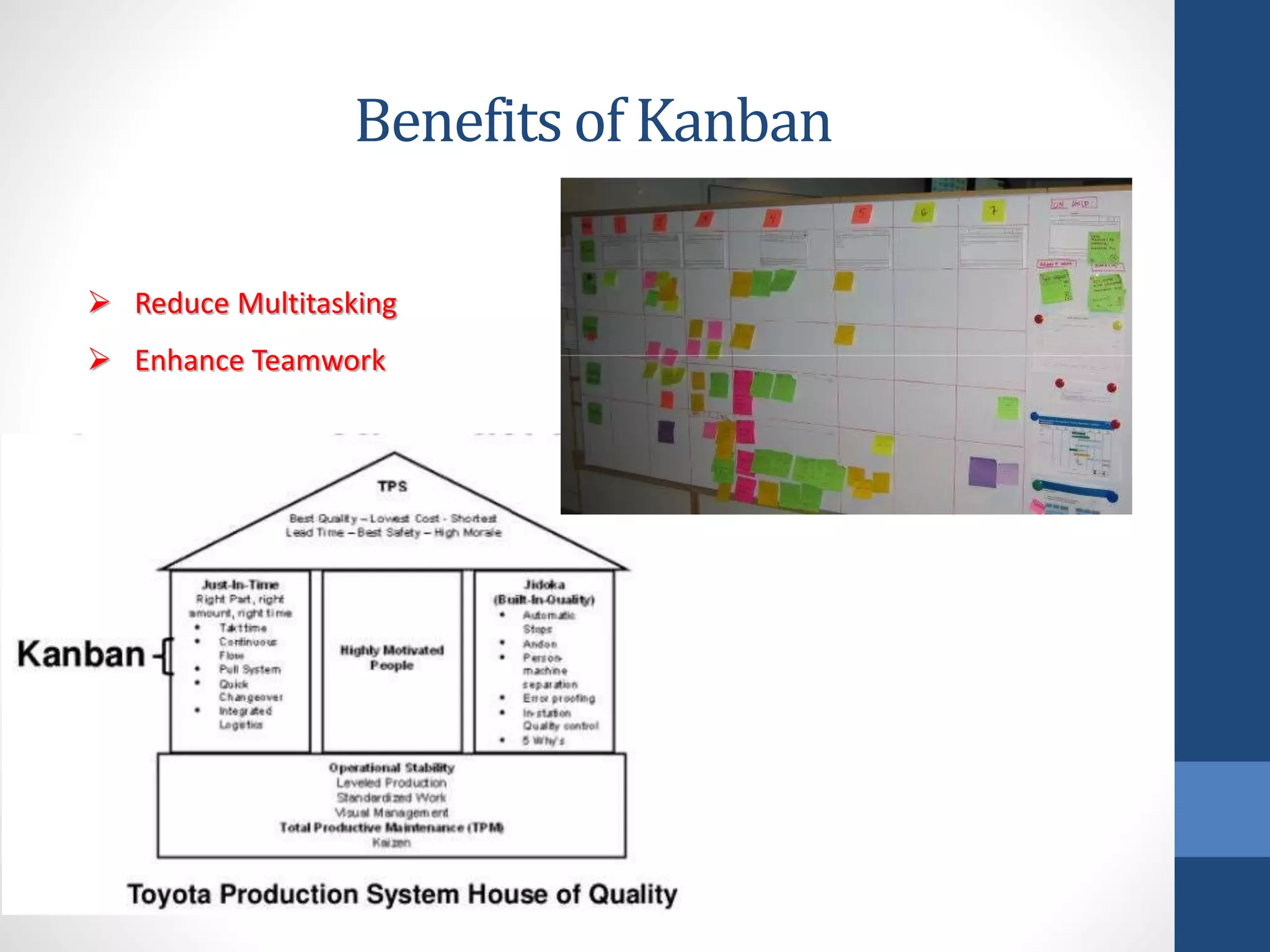 Benefits of Kanban
 Reduce Multitasking
 Enhance Teamwork
 