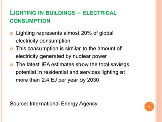 LIGHTING IN BUILDINGS – ELECTRICAL
CONSUMPTION
 Lighting represents almost 20% of global
electricity consumption
 This consumption is similar to the amount of
electricity generated by nuclear power
 The latest IEA estimates show the total savings
potential in residential and services lighting at
more than 2.4 EJ per year by 2030
Source: International Energy Agency 4
 