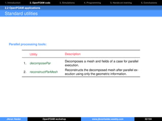 1. Introduction 2. OpenFOAM code 3. Simulations 4. Programming 5. Hands-on training 6. Conclusions
2.2 OpenFOAM applications
Standard utilities
Parallel processing tools:
Utility Description
1. decomposePar
Decomposes a mesh and ﬁelds of a case for parallel
execution.
2. reconstructParMesh
Reconstructs the decomposed mesh after parallel ex-
ecution using only the geometric information.
Jibran Haider OpenFOAM workshop www.jibranhaider.weebly.com 32/104
 