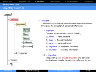 1. Introduction 2. OpenFOAM code 3. Simulations 4. Programming 5. Hands-on training 6. Conclusions
3.1 OpenFOAM cases
Directory structure
<case>
constant
polymesh
points
faces
owner
neighbour
boundary
... properties
system
0
1. constant:
This directory contains the information which remains constant
throughout the simulation. It contains the following:
1.1 polymesh:
Contains all the mesh information including:
(a) points → nodal positions
(b) faces → face connectivities
(c) owner → owner cell labels
(d) neighbour → neighbour cell labels
(e) boundary → boundary information
1.2 ... properties:
Files which specify physical properties for a particular
application eg. gravity, viscosity, thermal properties etc.
Jibran Haider OpenFOAM workshop www.jibranhaider.weebly.com 35/104
 