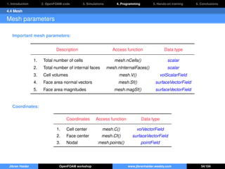 1. Introduction 2. OpenFOAM code 3. Simulations 4. Programming 5. Hands-on training 6. Conclusions
4.4 Mesh
Mesh parameters
Important mesh parameters:
Description Access function Data type
1. Total number of cells mesh.nCells() scalar
2. Total number of internal faces mesh.nInternalFaces() scalar
3. Cell volumes mesh.V() volScalarField
4. Face area normal vectors mesh.Sf() surfaceVectorField
5. Face area magnitudes mesh.magSf() surfaceVectorField
Coordinates:
Coordinates Access function Data type
1. Cell center mesh.C() volVectorField
2. Face center mesh.Cf() surfaceVectorField
3. Nodal mesh.points() pointField
Jibran Haider OpenFOAM workshop www.jibranhaider.weebly.com 54/104
 