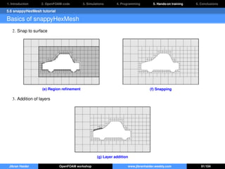 1. Introduction 2. OpenFOAM code 3. Simulations 4. Programming 5. Hands-on training 6. Conclusions
5.6 snappyHexMesh tutorial
Basics of snappyHexMesh
2. Snap to surface
(e) Region reﬁnement (f) Snapping
3. Addition of layers
(g) Layer addition
Jibran Haider OpenFOAM workshop www.jibranhaider.weebly.com 91/104
 