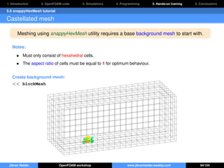 1. Introduction 2. OpenFOAM code 3. Simulations 4. Programming 5. Hands-on training 6. Conclusions
5.6 snappyHexMesh tutorial
Castellated mesh
Meshing using snappyHexMesh utility requires a base background mesh to start with.
Notes:
• Must only consist of hexahedral cells.
• The aspect ratio of cells must be equal to 1 for optimum behaviour.
Create background mesh:
<< blockMesh
Jibran Haider OpenFOAM workshop www.jibranhaider.weebly.com 94/104
 