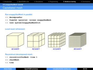 1. Introduction 2. OpenFOAM code 3. Simulations 4. Programming 5. Hands-on training 6. Conclusions
5.6 snappyHexMesh tutorial
Castellated mesh
Run snappyHexMesh in parallel:
<< decomposePar
<< foamJob -parallel -screen snappyHexMesh
<< less system/snappyHexMeshDict
Local mesh reﬁnement:
(a) Level 0 (b) Level 1 (c) Level 2 (d) Level 4
Reconstruct decomposed mesh:
<< reconstructParMesh -time 1
<< checkMesh
<< tree
Jibran Haider OpenFOAM workshop www.jibranhaider.weebly.com 95/104
 
