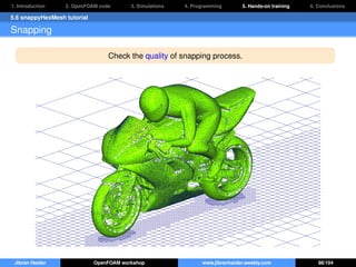 1. Introduction 2. OpenFOAM code 3. Simulations 4. Programming 5. Hands-on training 6. Conclusions
5.6 snappyHexMesh tutorial
Snapping
Check the quality of snapping process.
Jibran Haider OpenFOAM workshop www.jibranhaider.weebly.com 98/104
 
