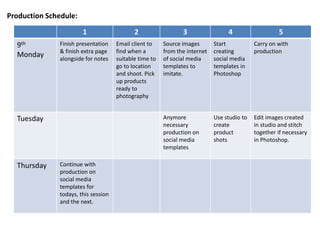 Production Schedule:
1 2 3 4 5
9th
Monday
Finish presentation
& finish extra page
alongside for notes
Email client to
find when a
suitable time to
go to location
and shoot. Pick
up products
ready to
photography
Source images
from the internet
of social media
templates to
imitate.
Start
creating
social media
templates in
Photoshop
Carry on with
production
Tuesday Anymore
necessary
production on
social media
templates
Use studio to
create
product
shots
Edit images created
in studio and stitch
together if necessary
in Photoshop.
Thursday Continue with
production on
social media
templates for
todays, this session
and the next.
 