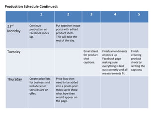 1 2 3 4 5
23rd
Monday
Continue
production on
Facebook mock
up.
Put together image
posts with edited
product shots.
This will take the
rest of the day.
Tuesday Email client
for product
shot
captions.
Finish amendments
on mock up
Facebook page
making sure
everything is laid
out correctly and all
measurements fit.
Finish
creating
product
shots by
writing the
captions
Thursday Create price lists
for business and
include what
services are on
offer.
Price lists then
need to be added
into a photo post
mock up to show
what how they
would appear on
the page.
Production Schedule Continued:
 