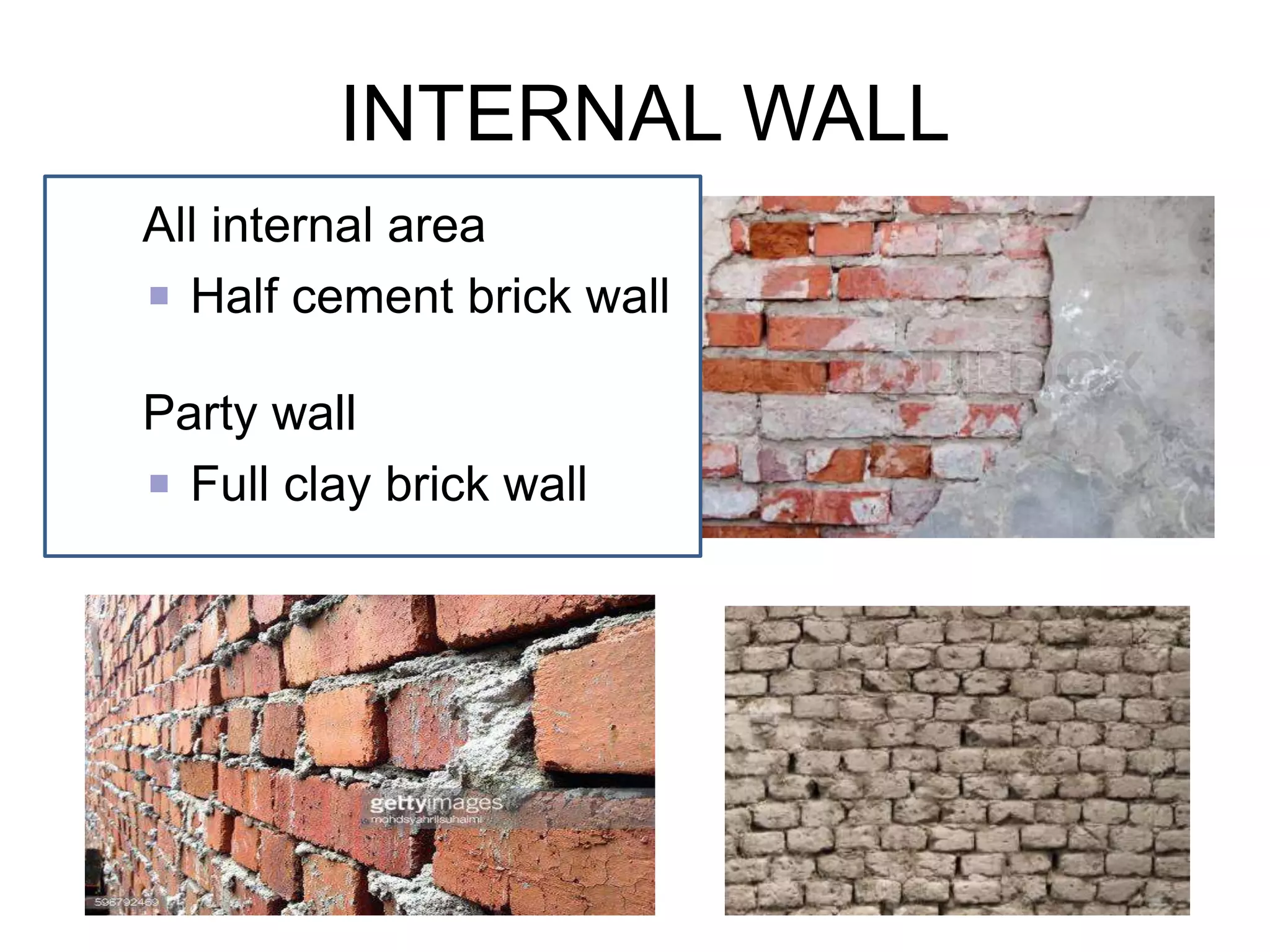 INTERNAL WALL
All internal area
Half cement brick wall
Party wall
Full clay brick wall
 