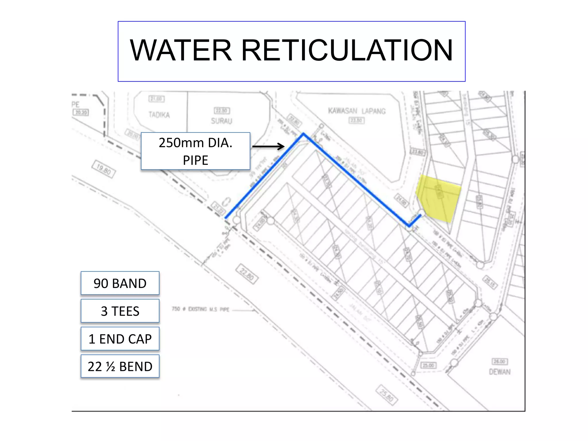 WATER RETICULATION
90 BAND
3 TEES
250mm DIA.
PIPE
1 END CAP
22 ½ BEND
 