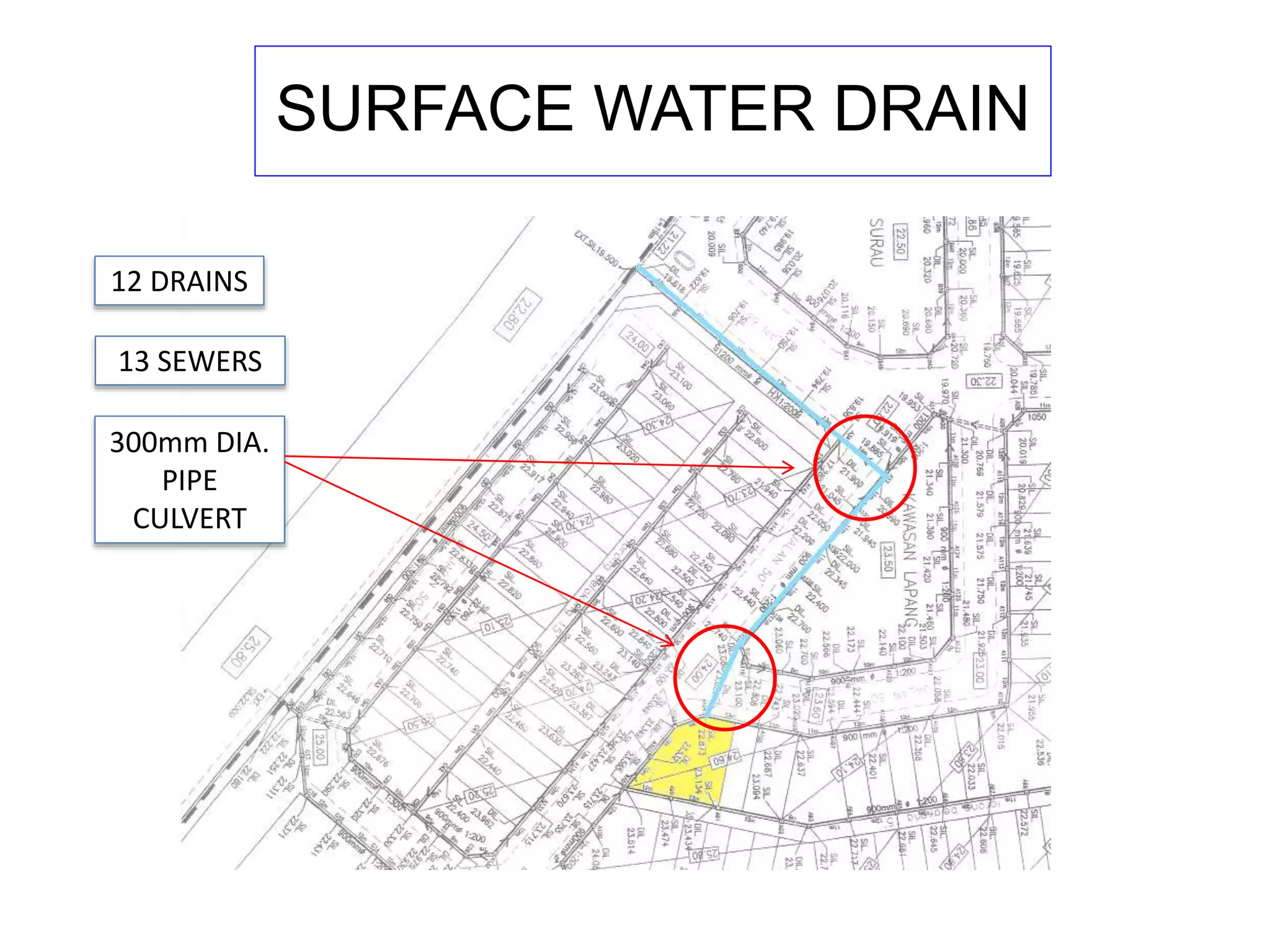 SURFACE WATER DRAIN
12 DRAINS
13 SEWERS
300mm DIA.
PIPE
CULVERT
 