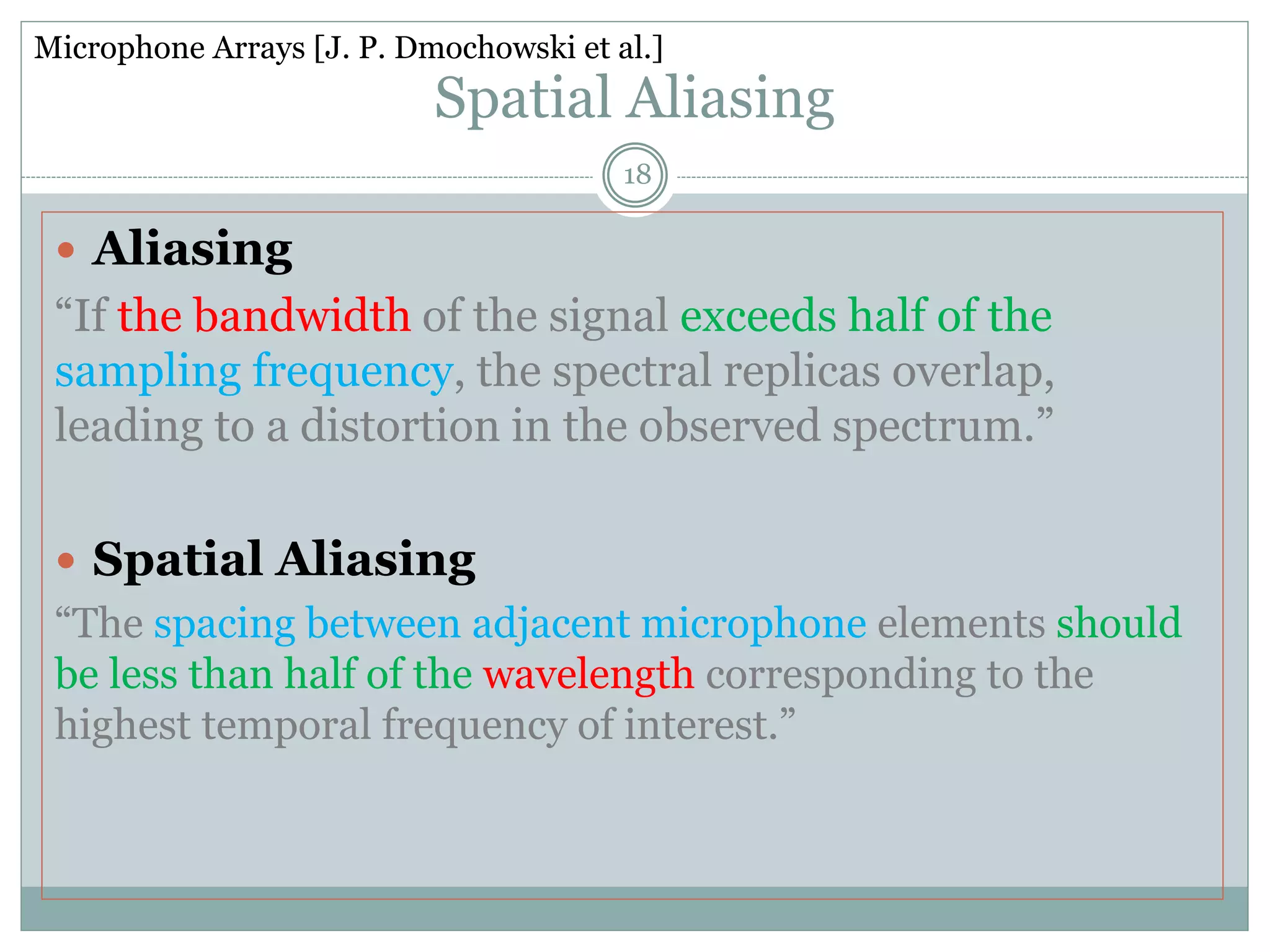 Spatial Aliasing
 Aliasing
“If the bandwidth of the signal exceeds half of the
sampling frequency, the spectral replicas overlap,
leading to a distortion in the observed spectrum.”
 Spatial Aliasing
“The spacing between adjacent microphone elements should
be less than half of the wavelength corresponding to the
highest temporal frequency of interest.”
Microphone Arrays [J. P. Dmochowski et al.]
18
 