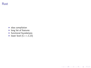 .
.
.
.
.
.
.
.
.
.
.
.
.
.
.
.
.
.
.
.
.
.
.
.
.
.
.
.
.
.
.
.
.
.
.
.
.
.
.
.
Rust
▶ slow compilation
▶ long list of features
▶ functional foundations
▶ lower level (C++,C,D)
 