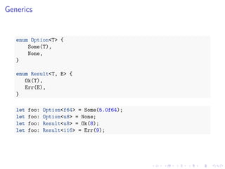 .
.
.
.
.
.
.
.
.
.
.
.
.
.
.
.
.
.
.
.
.
.
.
.
.
.
.
.
.
.
.
.
.
.
.
.
.
.
.
.
Generics
enum Option<T> {
Some(T),
None,
}
enum Result<T, E> {
Ok(T),
Err(E),
}
let foo: Option<f64> = Some(5.0f64);
let foo: Option<u8> = None;
let foo: Result<u8> = Ok(8);
let foo: Result<i16> = Err(9);
 