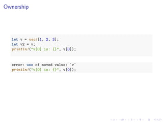 .
.
.
.
.
.
.
.
.
.
.
.
.
.
.
.
.
.
.
.
.
.
.
.
.
.
.
.
.
.
.
.
.
.
.
.
.
.
.
.
Ownership
let v = vec![1, 2, 3];
let v2 = v;
println!("v[0] is: {}", v[0]);
error: use of moved value: `v`
println!("v[0] is: {}", v[0]);
 