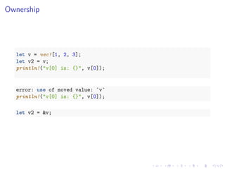 .
.
.
.
.
.
.
.
.
.
.
.
.
.
.
.
.
.
.
.
.
.
.
.
.
.
.
.
.
.
.
.
.
.
.
.
.
.
.
.
Ownership
let v = vec![1, 2, 3];
let v2 = v;
println!("v[0] is: {}", v[0]);
error: use of moved value: `v`
println!("v[0] is: {}", v[0]);
let v2 = &v;
 