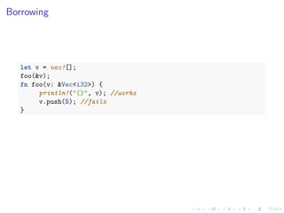 .
.
.
.
.
.
.
.
.
.
.
.
.
.
.
.
.
.
.
.
.
.
.
.
.
.
.
.
.
.
.
.
.
.
.
.
.
.
.
.
Borrowing
let v = vec![];
foo(&v);
fn foo(v: &Vec<i32>) {
println!("{}", v); //works
v.push(5); //fails
}
 