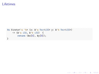 .
.
.
.
.
.
.
.
.
.
.
.
.
.
.
.
.
.
.
.
.
.
.
.
.
.
.
.
.
.
.
.
.
.
.
.
.
.
.
.
Lifetimes
fn firsts<'a 'b> (x: &'a Vec<i32> y: &'b Vec<i32>)
-> (&'a i32, &'b i32) {
return (&x[0], &y[0]);
}
 