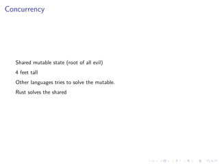 .
.
.
.
.
.
.
.
.
.
.
.
.
.
.
.
.
.
.
.
.
.
.
.
.
.
.
.
.
.
.
.
.
.
.
.
.
.
.
.
Concurrency
Shared mutable state (root of all evil)
4 feet tall
Other languages tries to solve the mutable.
Rust solves the shared
 