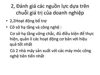 2, Đánh giá các nguồn lực dựa trên
chuỗi giá trị của doanh nghiệp
• 2,2Hoạt động bổ trợ
• Cở sở hạ tầng và công nghệ :
Cơ sở hạ tầng vững chắc, đủ điều kiện để thực
hiện, quản lí các hoạt động cơ bản với hiệu
quả tốt nhất
Có 2 nhà máy sản xuất với các máy móc công
nghệ tiên tiến nhất
 