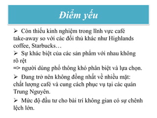 Điểm yếu
 Còn thiếu kinh nghiệm trong lĩnh vực café
take-away so với các đối thủ khác như Highlands
coffee, Starbucks…
 Sự khác biệt của các sản phẩm với nhau không
rõ rệt
=> người dùng phổ thông khó phân biệt và lựa chọn.
 Đang trở nên không đồng nhất về nhiều mặt:
chất lượng café và cung cách phục vụ tại các quán
Trung Nguyên.
 Mức độ đầu tư cho bài trí không gian có sự chênh
lệch lớn.
 