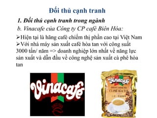 Đối thủ cạnh tranh
b. Vinacafe của Công ty CP café Biên Hòa:
1. Đối thủ cạnh tranh trong ngành
Hiện tại là hãng café chiếm thị phần cao tại Việt Nam
Với nhà máy sản xuất café hòa tan với công suất
3000 tấn/ năm => doanh nghiệp lớn nhất về năng lực
sản xuất và dẫn đầu về công nghệ sản xuất cà phê hòa
tan
 
