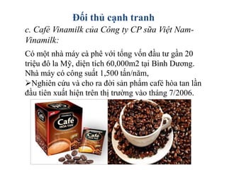 Đối thủ cạnh tranh
c. Café Vinamilk của Công ty CP sữa Việt Nam-
Vinamilk:
Có một nhà máy cà phê với tổng vốn đầu tư gần 20
triệu đô la Mỹ, diện tích 60,000m2 tại Bình Dương.
Nhà máy có công suất 1,500 tấn/năm,
Nghiên cứu và cho ra đời sản phẩm café hòa tan lần
đầu tiên xuất hiện trên thị trường vào tháng 7/2006.
 