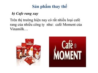 Sản phẩm thay thế
b) Cafe rang xay
Trên thị trường hiện nay có rất nhiều loại café
rang của nhiều công ty như: café Moment của
Vinamilk…
 