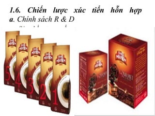 1.6. Chiến lược xúc tiến hỗn hợp
a. Chính sách R & D
• Sản phẩm trung cấp
PASSIONA
• Chế biến từ
hạt cà phê
Excelsa,
Arabica
• Thích hợp
cho những
người mới
cà phê
Cà phê sáng tạo
• Sáng tạo 1
• Sáng tạo 2
• Sáng tạo 3
• Sáng tạo 4
• Sáng tạo 5
GOURMET
BLENT
• Loại tinh tế
cho người
sành cà phê
• Hương thơm
lôi cuốn, vị
đậm đà...
 