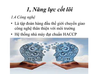 1, Năng lực cốt lõi
• Là tập đoàn hàng đầu thế giới chuyển giao
công nghệ thân thiện với môi trường
• Hệ thống nhà máy đạt chuẩn HACCP
1.4 Công nghệ
 