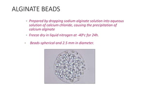 ALGINATE BEADS
• Prepared by dropping sodium alginate solution into aqueous
solution of calcium chloride, causing the precipitation of
calcium alginate
• Freeze dry in liquid nitrogen at -40oc for 24h.
• Beads-spherical and 2.5 mm in diameter.
 