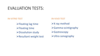 EVALUATION TESTS:
IN-VITRO TEST
Floating lag time
Floating time
Dissolution study
Resultant weight test
IN-VIVO TEST
X ray method
Gamma-scintigraphy
Gastroscopy
Ultra sonography
 