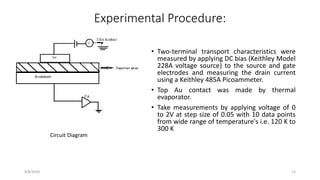 Experimental Procedure:
• Two-terminal transport characteristics were
measured by applying DC bias (Keithley Model
228A voltage source) to the source and gate
electrodes and measuring the drain current
using a Keithley 485A Picoammeter.
• Top Au contact was made by thermal
evaporator.
• Take measurements by applying voltage of 0
to 2V at step size of 0.05 with 10 data points
from wide range of temperature's i.e. 120 K to
300 K
8/8/2016 13
Circuit Diagram
 