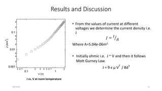 Results and Discussion
• From the values of current at different
voltages we determine the current density i.e.
J
𝐽 = 𝐼
𝐴
Where A=5.04e-06m2.
8/8/2016 15
• Initially ohmic i.e. J ~ V and then it follows
Mott Gurney Law.
J = 9 ϵ μ V
2
/ 8d3
J vs. V at room temperature
 