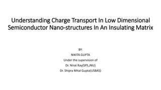 Understanding Charge Transport In Low Dimensional
Semiconductor Nano-structures In An Insulating Matrix
BY:
NIKITA GUPTA
Under the supervision of
Dr. Nirat Ray(SPS,JNU)
Dr. Shipra Mital Gupta(USBAS)
 