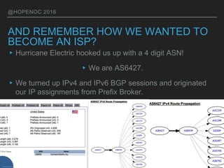 @HOPENOC 2016
AND REMEMBER HOW WE WANTED TO
BECOME AN ISP?
▸Hurricane Electric hooked us up with a 4 digit ASN!
▸We are AS6427.
▸We turned up IPv4 and IPv6 BGP sessions and originated
our IP assignments from Prefix Broker.
 
