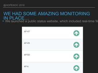 @HOPENOC 2016
WE HAD SOME AMAZING MONITORING
IN PLACE…
▸We launched a public status website, which included real-time W
 