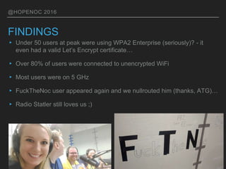 @HOPENOC 2016
FINDINGS
▸ Under 50 users at peak were using WPA2 Enterprise (seriously)? - it
even had a valid Let’s Encrypt certificate…
▸ Over 80% of users were connected to unencrypted WiFi
▸ Most users were on 5 GHz
▸ FuckTheNoc user appeared again and we nullrouted him (thanks, ATG)…
▸ Radio Statler still loves us ;)
 