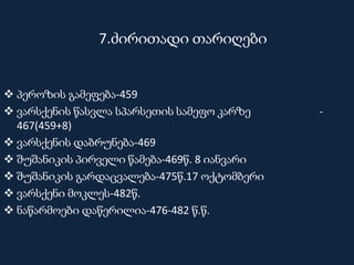 7.ძირითადი თარიღები
 პეროზის გამეფება-459
 ვარსქენის წასვლა სპარსეთის სამეფო კარზე -
467(459+8)
 ვარსქენის დაბრუნება-469
 შუშანიკის პირველი წამება-469წ. 8 იანვარი
 შუშანიკის გარდაცვალება-475წ.17 ოქტომბერი
 ვარსქენი მოკლეს-482წ.
 ნაწარმოები დაწერილია-476-482 წ.წ.
 
