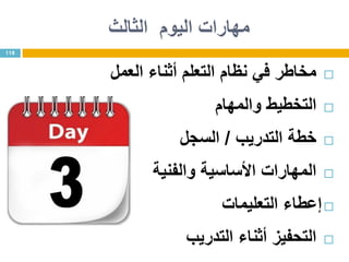 ‫اليوم‬ ‫مهارات‬‫الثالث‬
‫العمل‬ ‫أثناء‬ ‫التعلم‬ ‫نظام‬ ‫في‬ ‫مخاطر‬
‫والمهام‬ ‫التخطيط‬
‫التدريب‬ ‫خطة‬/‫السجل‬
‫والفنية‬ ‫األساسية‬ ‫المهارات‬
‫التعليمات‬ ‫إعطاء‬
‫التدريب‬ ‫أثناء‬ ‫التحفيز‬
118
 
